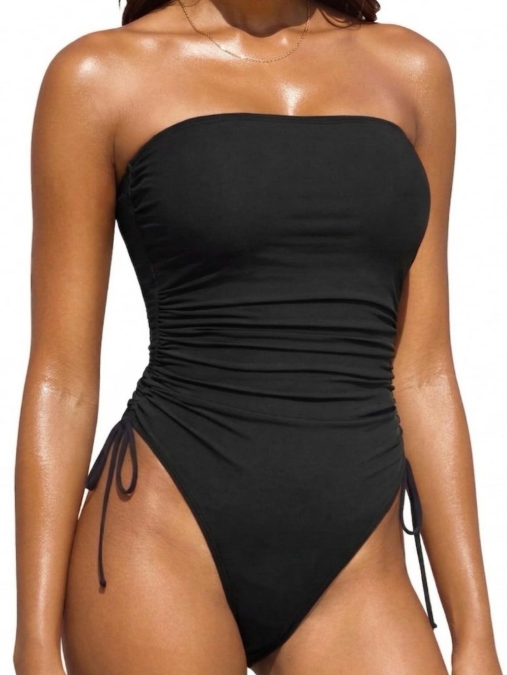 Yonique Black Ruched Tummy Control One-Piece Swimsuit - Women Swim